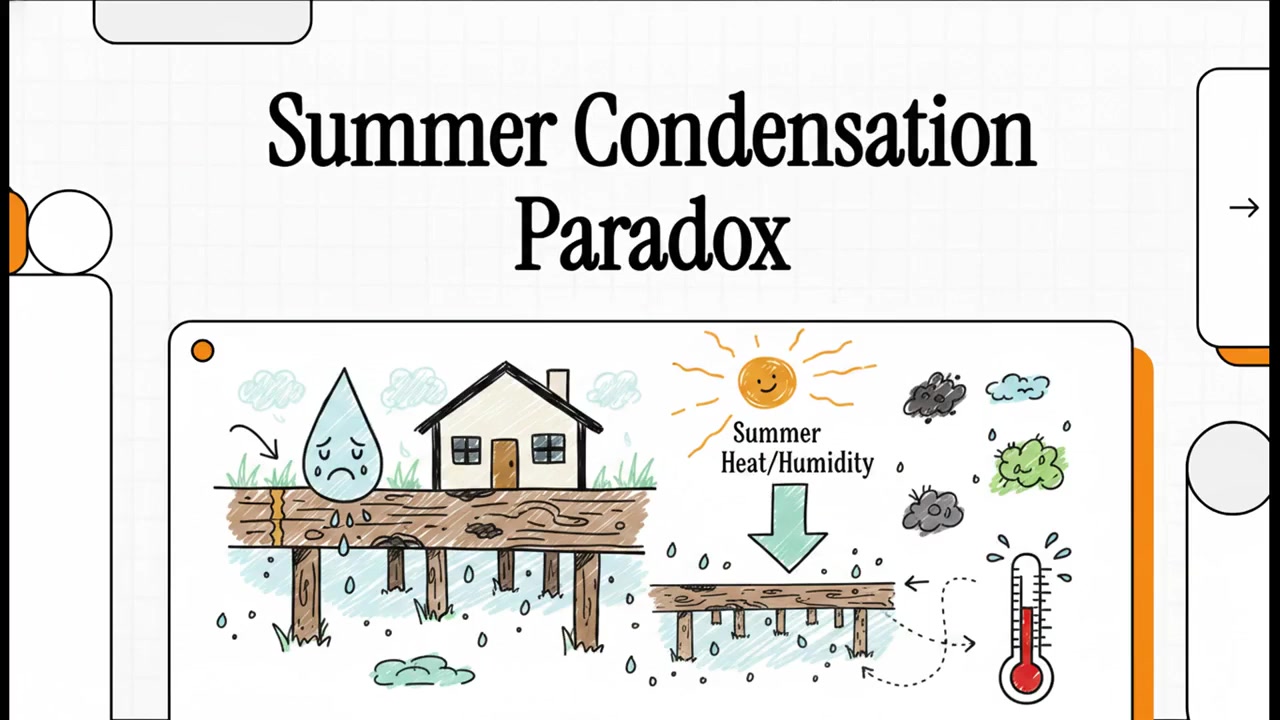 Cutaway diagram of a crawl space showing humid outside air condensing on cool floor joists